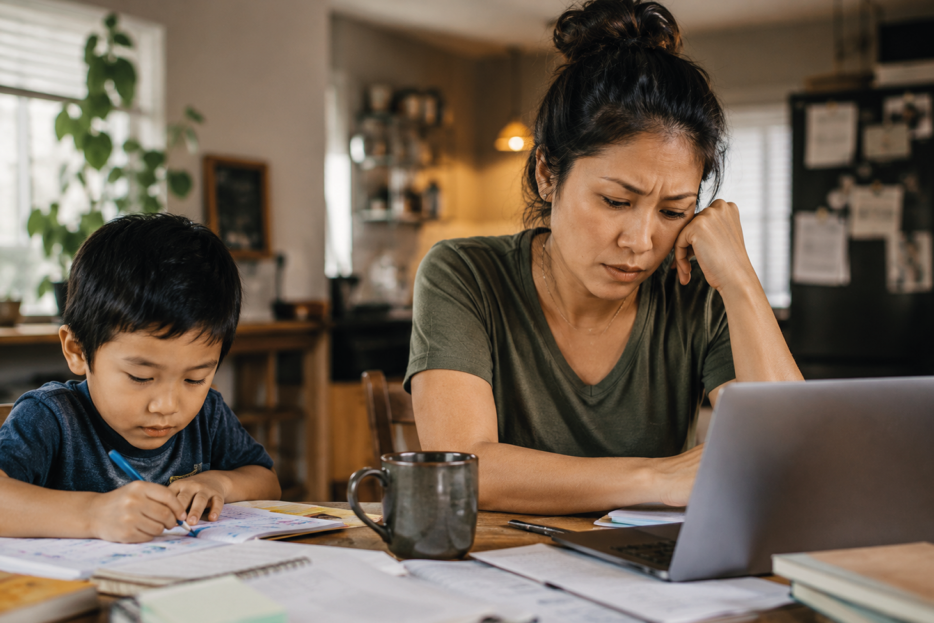 Stressed mother helping son with homework while working on laptop